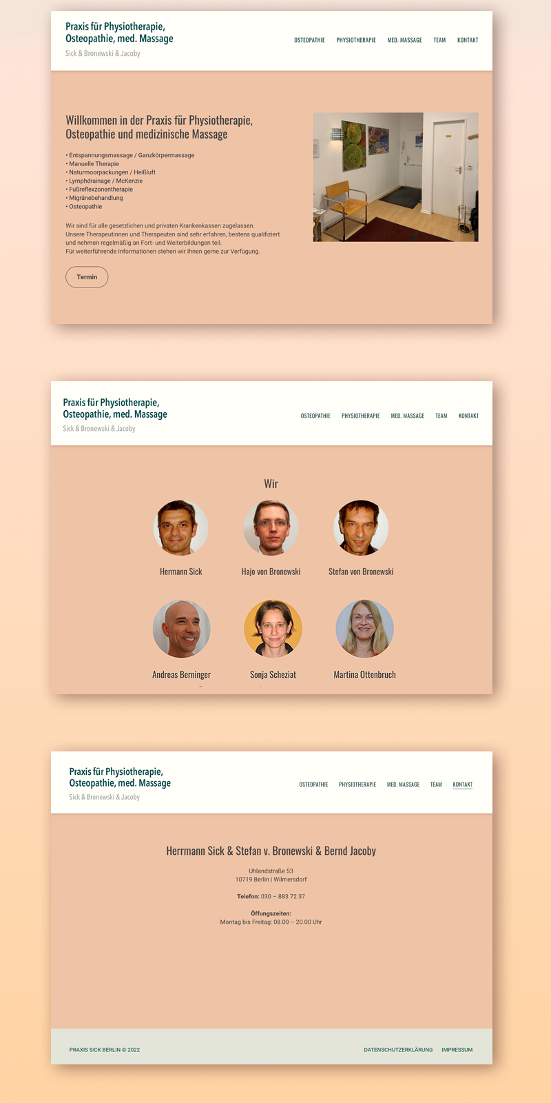 Ausschnitt der Praxiswebsite für Physiotherapie, Osteopathie und medizinische Massage